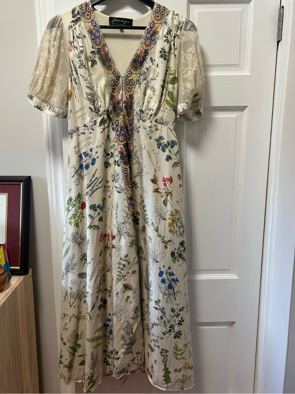 Anthropologie Cream Floral Embroidered V-Neck Midi Dress with puff sleeve